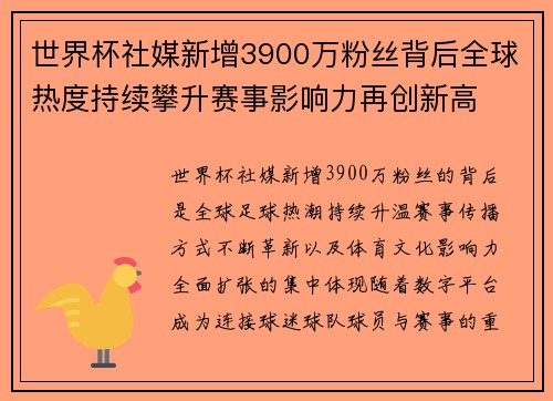 世界杯社媒新增3900万粉丝背后全球热度持续攀升赛事影响力再创新高 世界杯社媒新增3900万粉丝背后全球热度持续攀升赛事影响力再创新高